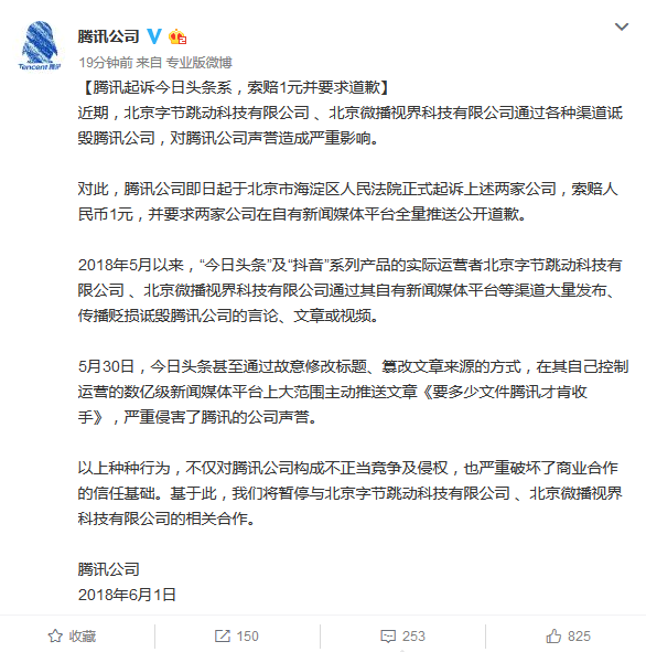 腾讯起诉今日头条系是什么情况? 今日头条会赔偿1元并道歉吗?