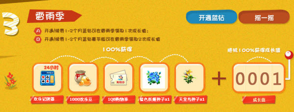 开蓝钻100%必得成长值和欢乐豆等游戏道具
