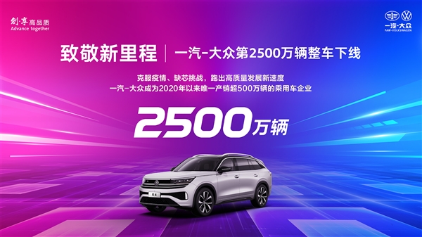 一汽-大众第2500万辆整车下线：近两年卖出500万！