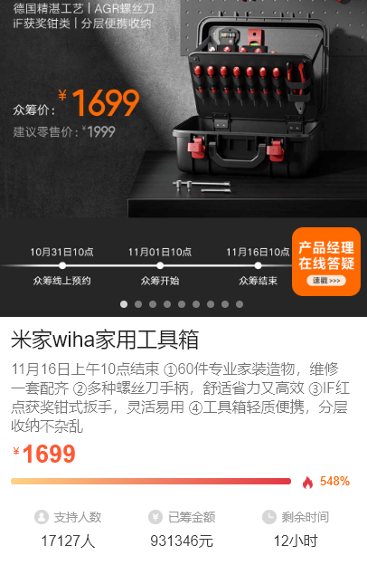 60件工具一套配齐!小米家用工具箱1699元 超1.7万人支持