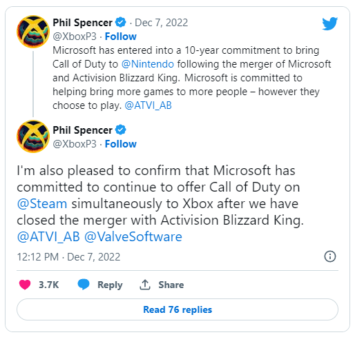 微软承诺:收购动视暴雪后将为任天堂提供10年《COD》