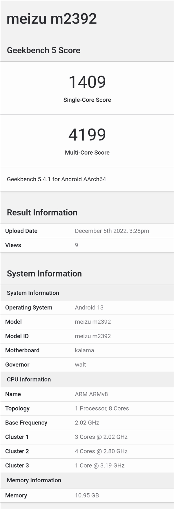 雄起！魅族20疑现身Geekbench：搭载第二代骁龙8、12GB内存