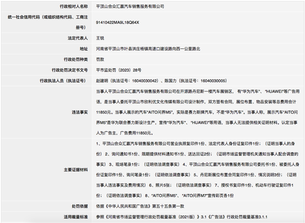 华为不造车!一4S店使用“华为汽车”宣传 被罚3.5万
