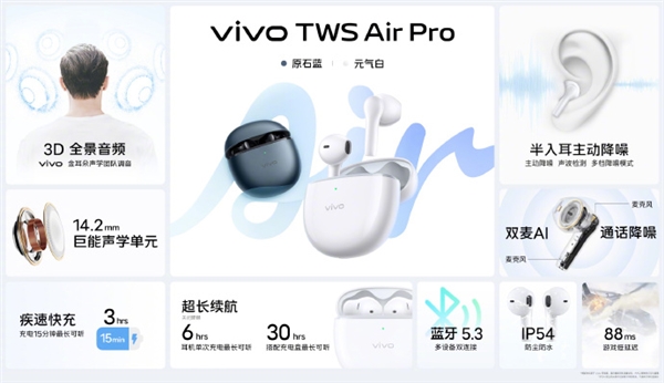 269元 vivo TWS Air Pro耳机发布：3D全景音频、30小时续航