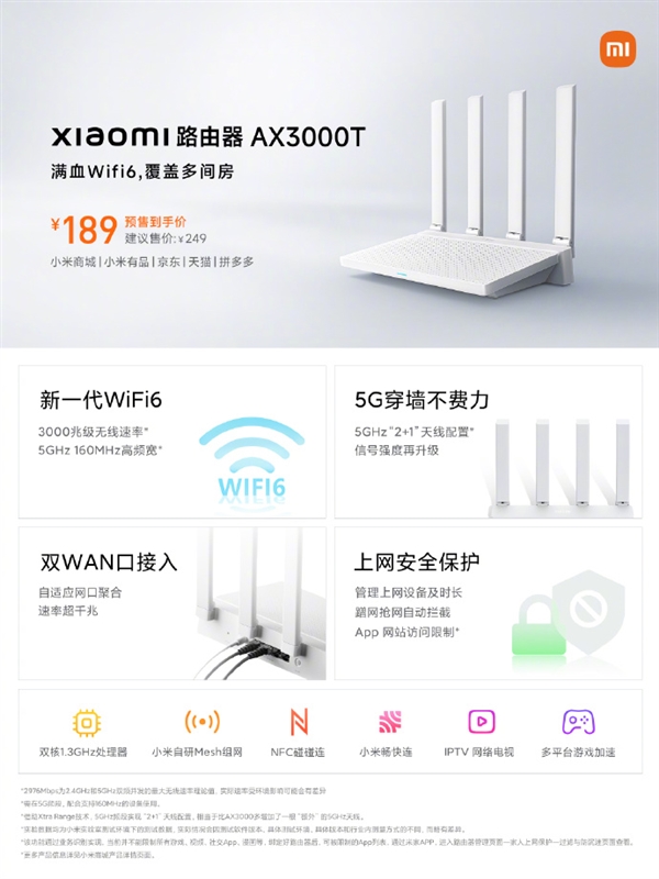5G穿墙王！小米全新Wi-Fi 6路由发布：到手189元