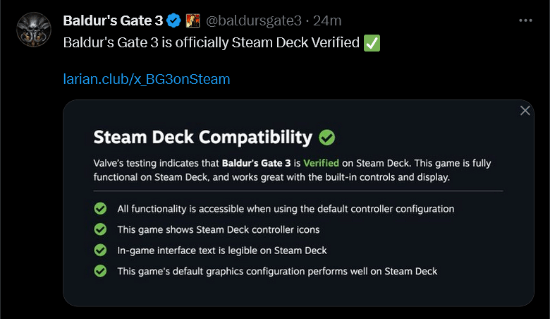 《博德之门3》获Steam Deck认证 Xbox玩家懵了